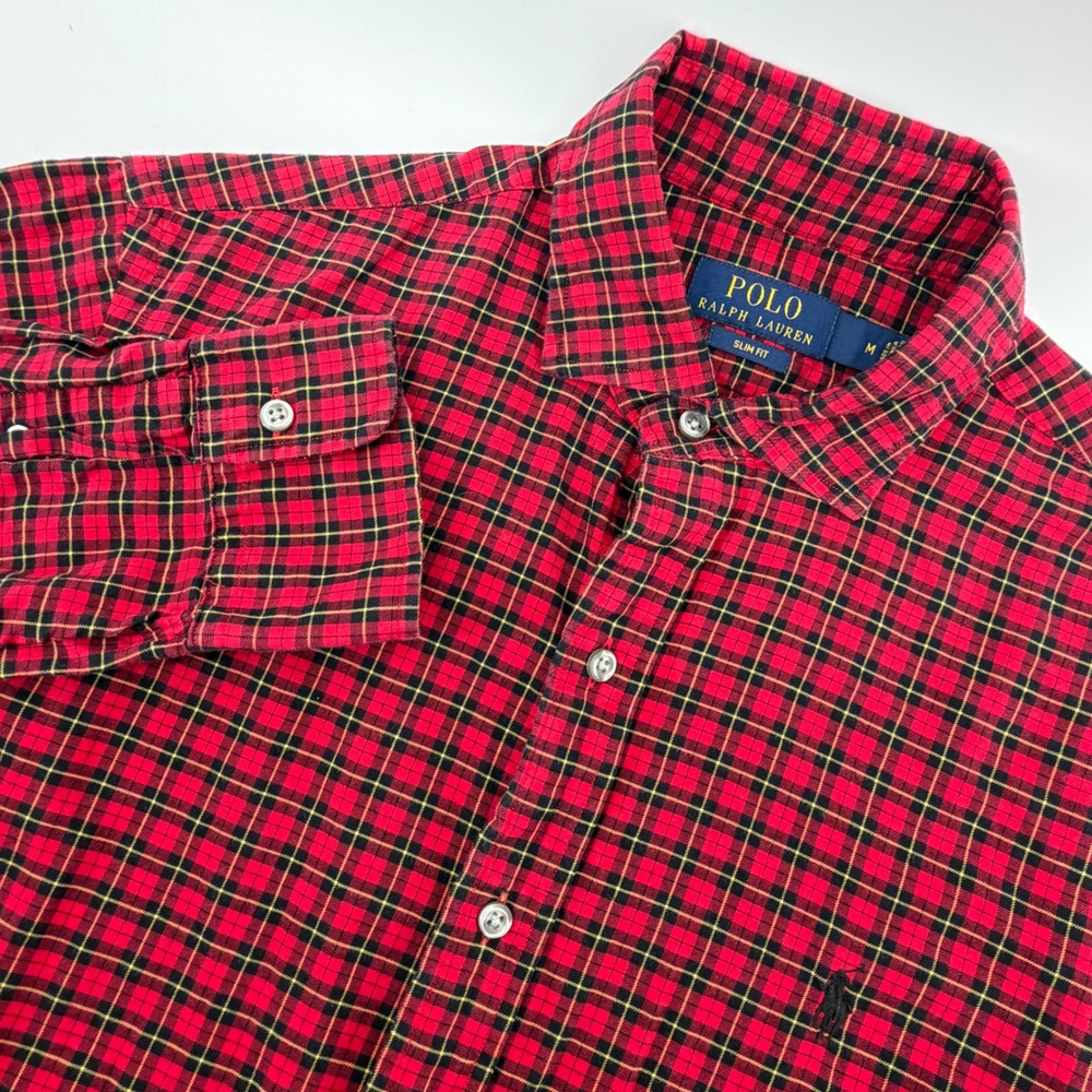 Polo Ralph Lauren Button Down Men Medium‎ Red Black Plaid Slim Fit Long Sleeve